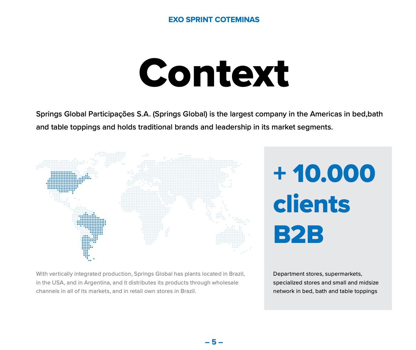 Coteminas / Springs Global context infographic: Americas leader in bed, bath and table toppings with 10,000+ B2B clients