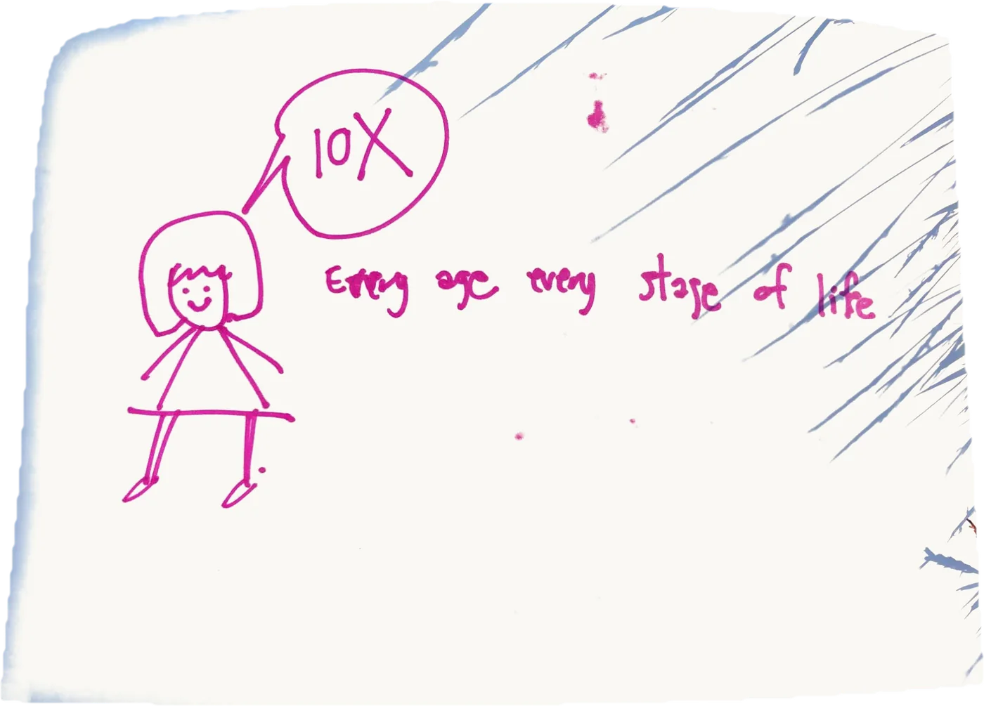 A drawing of a smiling woman with a speech bubble that says “10X”, next to the words “Every age, every stage of life”.